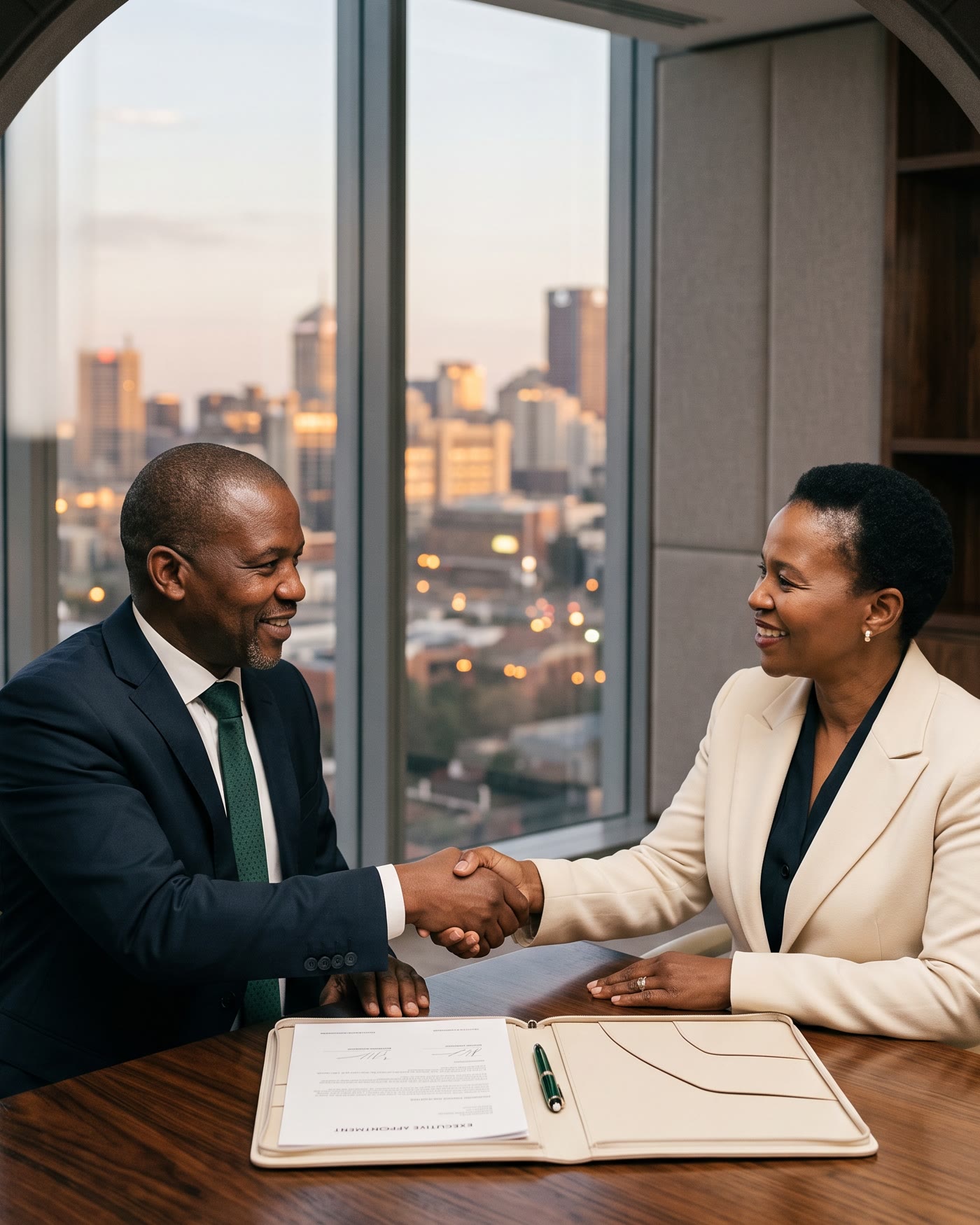 Executives shaking hands over an offer letter
